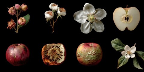 Poster - Still life arrangement of fruits and blossoms on a dark background.