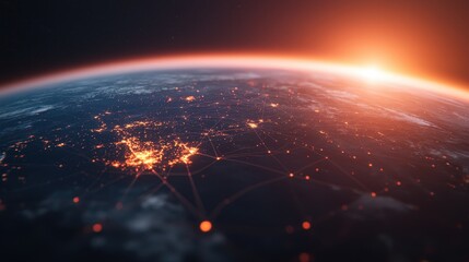 Poster - Stunning View of Earth from Space at Dawn with Network Connections and City Lights Illuminating the Horizon