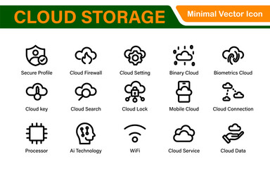 Poster - Cloud Storage Backup Icon Set – Minimal Outline Vector Illustrations for Secure Data, Sync, Upload, and File Protection – Modern Line Icons