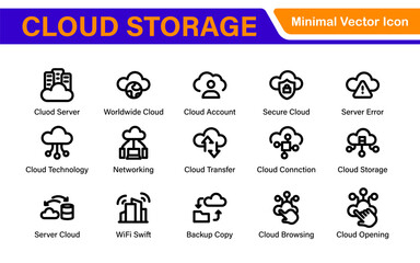 Poster - Cloud Storage Backup Icon Set – Minimal Outline Vector Illustrations for Secure Data, Sync, Upload, and File Protection – Modern Line Icons