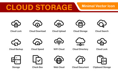 Poster - Cloud Storage Backup Icon Set – Minimal Outline Vector Illustrations for Secure Data, Sync, Upload, and File Protection – Modern Line Icons