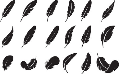 bird feather icons set. simple black symbols with different feathers from bird wings. flat line styl