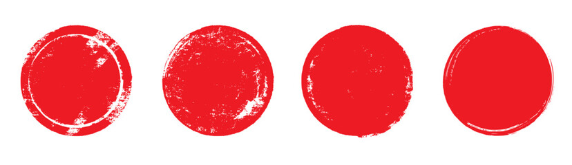 Aufkleber - Japan circle red sun brush stamp watercolor paint shape sets. Hand drawn rough red Japanese flag circle shape ink brush stroke texture. Grunge asian rough badge element pack. Vector illustration