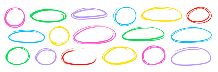 Aufkleber - Color pencil circle scribble frame set. Handwritten color brush marker, crayon pencil scribble stroke line doodle childish oval frame. Grunge brush ellipse frame round highlight. Vector illustration