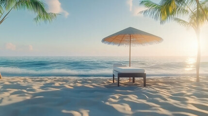 Poster - Beach scene with white sand, lounge chair, straw umbrella, palm trees, and gentle ocean waves at sunrise, creating peaceful and relaxing tropical atmosphere