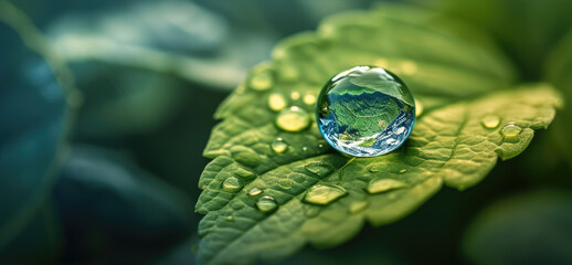 Poster - Single rain drop on green leaf with water droplets, close up nature macro, fresh and vibrant, reflecting environment, symbolizing purity and tranquility