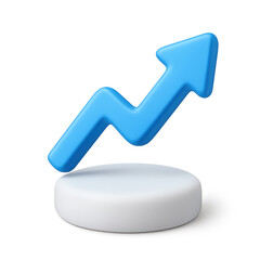 Poster - Blue Up Arrow on Podium: A 3D rendering of a vibrant blue arrow pointing upwards, symbolizing growth, progress, and upward mobility. The arrow stands confidently on a white circular podium.