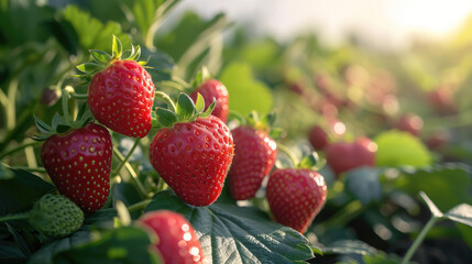 Poster - Ripe strawberries hanging on green plants in sunlit garden, fresh and vibrant, with dew drops on leaves and fruit, evoking sense of natural sweetness and summer joy