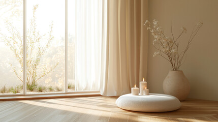 Poster - Minimal meditation room with soft natural light, round cushion, three candles, large ceramic vase, dried flowers, and wooden floor, creating peaceful and calming atmosphere