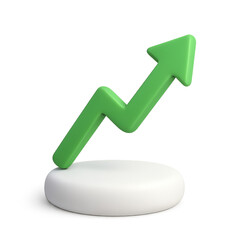 Poster - Uptrend Arrow Symbol: A dynamic visualization of progress, a vibrant green arrow pointing upwards, resting atop a minimalist white podium, symbolizes growth and forward momentum.