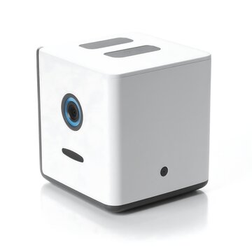White Cube Electronic Device with Blue Lens on White Background