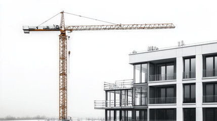 Poster - Modern construction site with tall yellow crane beside partially completed multi story building, featuring glass windows and balconies under overcast sky