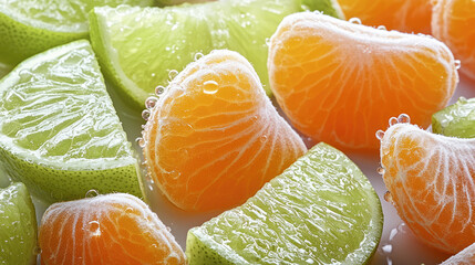 Poster - Fresh lime wedges and juicy tangerine segments with water droplets, closeup, vibrant citrus fruit background, refreshing and healthy snack, natural texture
