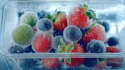 Poster - Fresh strawberry and blueberry with water droplets in transparent container, closeup view, vibrant colors, healthy fruit, refreshing and natural, chilled and appetizing