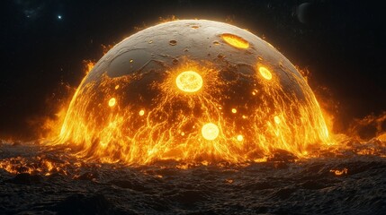 Wall Mural - Orbiting moon showing intense volcanic activity, detailed lava flows,generative ai illustration