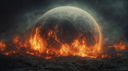 Wall Mural - Orbiting moon showing intense volcanic activity, detailed lava flows,generative ai illustration