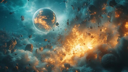 Wall Mural - Surreal space art of shattered planets and glowing cosmic debris,generative ai illustration