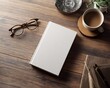 © Anjar Stock - Wooden surface arrangement, featuring a closed blank book, glasses, and coffee