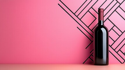 Poster - Red Wine Bottle on Pink Geometric Background
