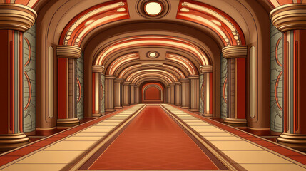 Poster - A long hallway with a red carpet and pillars. The room is empty and has a very elegant and luxurious feel to it