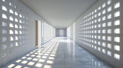 Poster - A long, empty hallway with a door in the middle. The walls are made of white blocks and the floor is tiled. The hallway is very spacious and has a clean, minimalist look