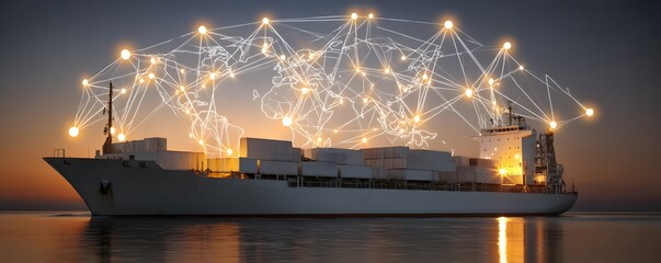 Poster - Editorial photography of a cutting-edge cargo container ship integrating modern technology for global logistics, showcasing world maps and supply chain networks