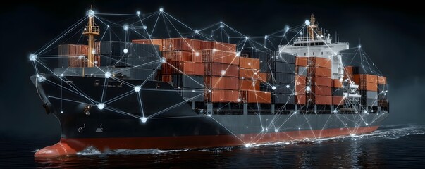 Poster - Magazine cover featuring a futuristic cargo container ship with advanced global logistics technology, detailed world maps, and interconnected supply chain networks