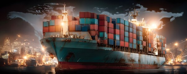 Poster - Magazine cover featuring a futuristic cargo container ship with advanced global logistics technology, detailed world maps, and interconnected supply chain networks