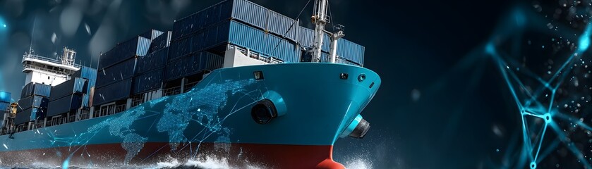 Poster - futuristic cargo container ship utilizing advanced technology for global logistics, featuring world 