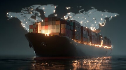 Poster - Magazine cover featuring a futuristic cargo container ship with advanced global logistics technology, detailed world maps, and interconnected supply chain networks