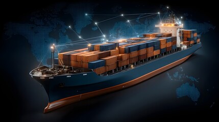 Poster - Magazine cover featuring a futuristic cargo container ship with advanced global logistics technology, detailed world maps, and interconnected supply chain networks