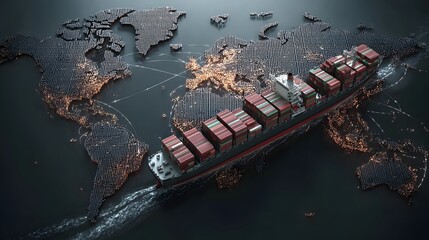 Poster - magazine cover featuring a futuristic cargo container ship with advanced global logistics technology