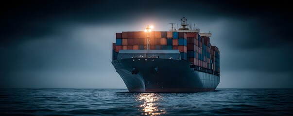 Poster - Futuristic cargo container ship utilizing advanced technology for global logistics, featuring world maps and supply chain networks, captured in a dramatic documentary photography style