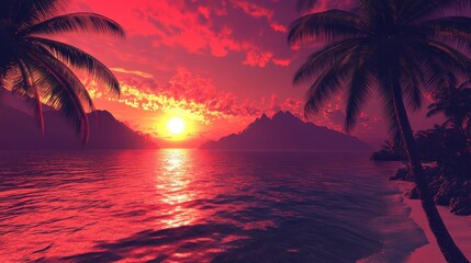 Wall Mural - Tropical beach sunset features silhouetted palms, mountain and vibrant red sky. Perfect for summer vacation ads, travel blog, or tropical themed background.