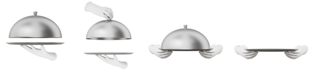 set of silver restaurant cloche tray lid food cover dish with white glove service hand 3d element cutout