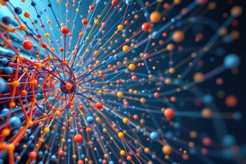 Poster - create an abstract artwork featuring a 3d rendered network connection structure with colored lines and dots against a background of interweaving lines