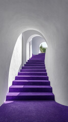 Poster - A long, narrow staircase with purple carpeting. The stairs are white and the carpet is purple