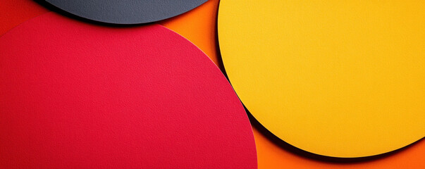 Poster - A close up of three different colored circles. The circles are red, yellow and black. The circles are arranged in a way that they appear to be overlapping each other. The image has a playful
