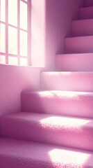 Poster - Pink stairs with a window in the background. The stairs are very high and the window is very small