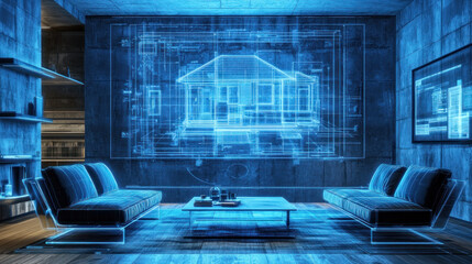 Poster - A blue room with a large projection of a house on the wall. The room is furnished with two couches and a coffee table