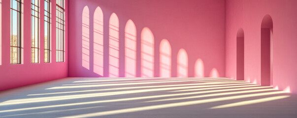 Poster - A pink room with a lot of windows and a lot of light. The room is very bright and open