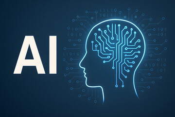 Poster - AI Innovation: A striking depiction of artificial intelligence, showcasing a human silhouette intertwined with intricate circuit patterns, symbolizing the fusion of technology and the human mind.