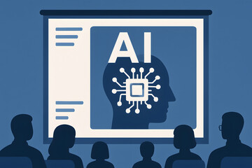 Poster - AI Presentation: A room full of people are silhouetted, engrossed in a presentation showcasing the power of AI technology, with the focus on the AI symbol on the screen.
