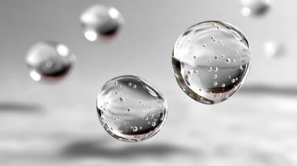 Poster - Series of small, clear spheres floating in the air. The spheres are all different sizes and are scattered throughout the frame