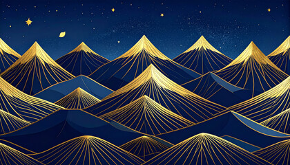 Wall Mural - Minimalist landscape of mountains with golden lines against navy blue sky, creating serene and enchanting atmosphere under starry night