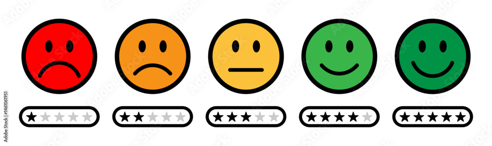 Emoji feedback rating scale with color coded faces from red sad to ...