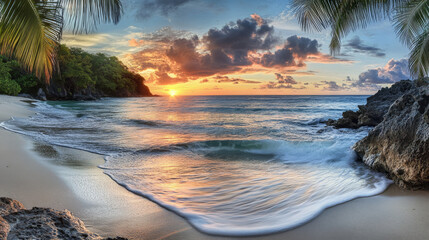 Wall Mural - serene sunset over sandy beach, with gentle waves lapping at shore and lush greenery framing scene. vibrant colors of sky reflect beautifully on water, creating tranquil atmosphere