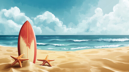 Wall Mural - summer beach scene featuring surfboard and starfish on golden sand, with gentle waves lapping at shore under bright blue sky. atmosphere evokes sense of relaxation and adventure