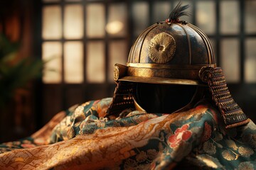 Poster - Antique japanese helmet resting on ornate fabric.