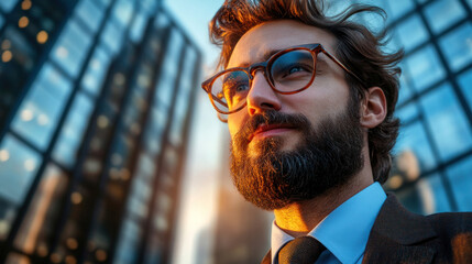 Poster - A man with glasses and a beard is standing in front of a building. He is wearing a blue shirt and a suit